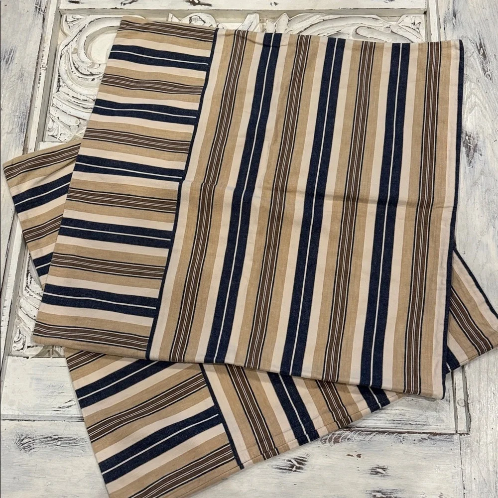 Pottery Barn Euro Pillow Shams Striped Linen Blend Blue/Beige Coastal Beach zip